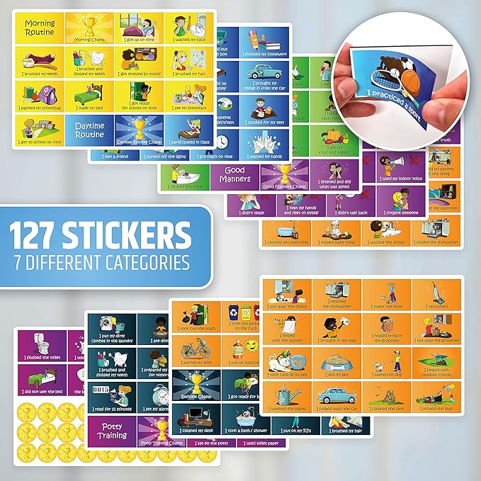 Large Magnetic Reward Chart for Kids - 127 Pre-Written Stickers (Including Potty Training) + 30 Customizable Chores - Behavior, Responsibility & Incentive Routine Star Chart for Fridge (1 Kid Version)