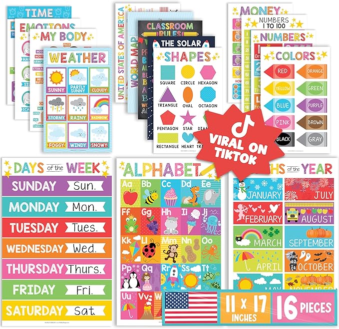 Hadley Designs 16 Educational Posters for Classroom Decor - Colorful Educational Posters for Toddlers 1-3, Toddler Learning Poster for Kids Ages 3-5, Kindergarten & Preschool Classroom Must Haves