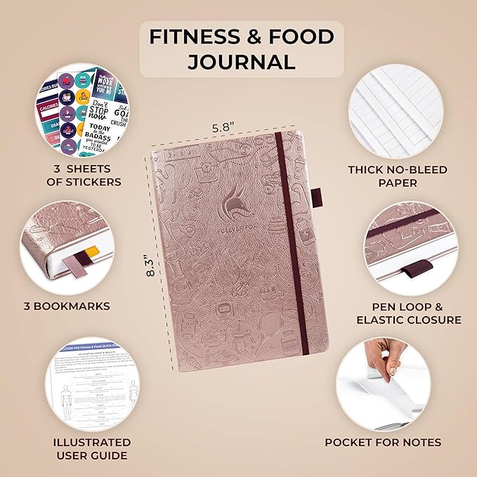 Clever Fox Fitness & Food Journal – Nutrition & Workout Planner for Women & Men – Diet & Gym Exercise Log Book with Calendars, Diet & Training Trackers - Undated, A5 Size, Hardcover (Rose Gold)