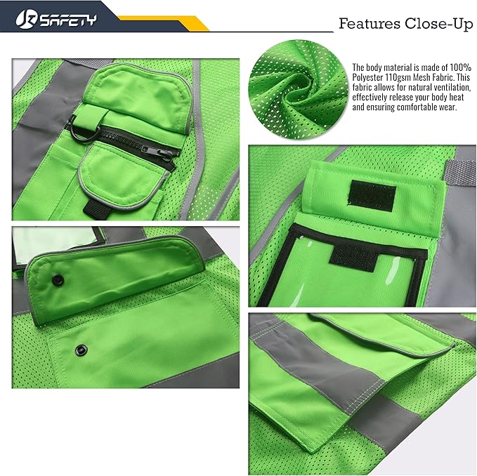 JKSafety 9 Pockets High Visibility Safety Vest for Men and Women, Hi-Vis Reflective Green Safety Vests with Zipper Front, Meet ANSI/ISEA Standards(159-Green 3XL)