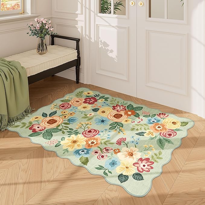 DUKINO 2x3 Entryway Rug, Floral Washable Indoor Door Mat with Non-Slip Backing, Soft Low Pile Small Front Door Throw Rugs for Entryway, Kitchen, Bedroom, Laundry, Bathroom, Green