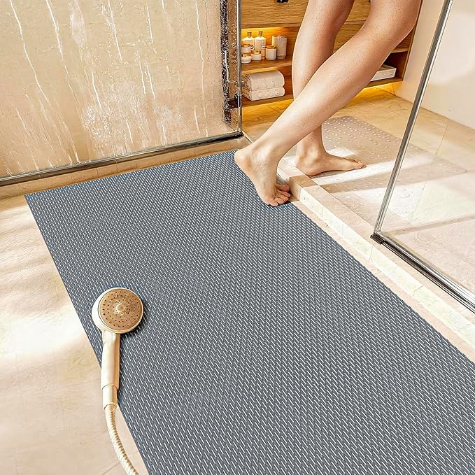 Extra Large Non-Slip Shower Mat, Fast-Dry PVC Bath Stall Tub Mat, Drain-Hole Design for Shower Stall Tub for Elderly/Kids, Non Slip Bath Mat Bathroom Safety Accessory, Gray 58"x32"