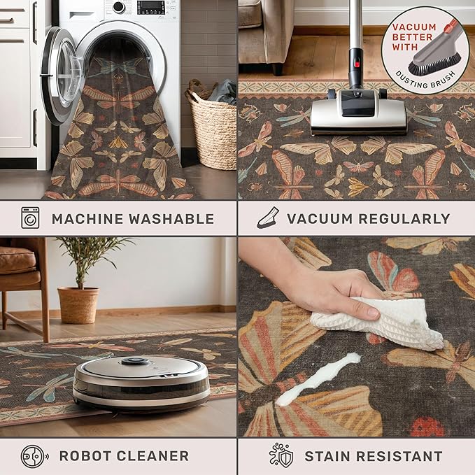 Vintage 2x3 Entry Way Rugs Indoor, Stain Resistant Washable Kitchen Rugs Non Slip, Small Soft Carpet for Bathroom, Powder Room, Insect Boho Indoor Décor, Low Pile & Stain Resistant (Orange and Brown)