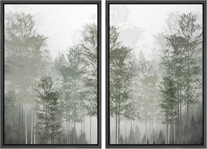MUDECOR Framed Canvas Print Wall Art Pastel Watercolor Misty Fog Forest Tree Wilderness Nature Illustrations Modern Art Decorative Calm/Relax Multicolor Rustic Minimal for Bedroom - 24"x36"x2 Black