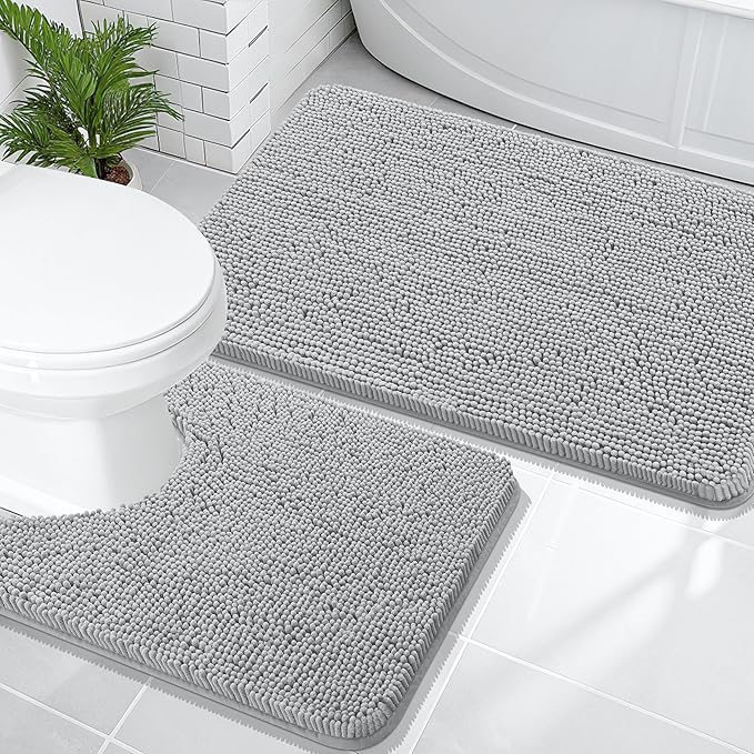 OLANLY Bathroom Rugs Sets 2 Piece, Soft Absorbent Chenille Bath Mats and U-Shaped Contour Toilet Mat Area Rug Set, Machine Washable Bath Carpet, Home Decor Accessories(36"x24"+24"x20", Light Grey)