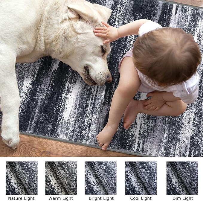 Modern Abstract Runner Rug 2x6, Black Grey Washable Entryway Runner Non-Slip Soft Hallway Rug Runner Thin Print Faux Wool Carpet for Kitchen Bedroom Laundry Room Indoor