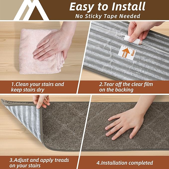 COSY HOMEER Stair Treads for Wooden Steps 9"x28" Washable Indoor Carpet Stair Treads Non Slip Soft Polyester Stair Carpet Tread Reusable Stair Runner Rugs for Kids, Elders,Pets,Light Brown,15pcs
