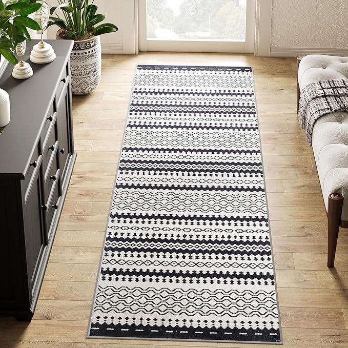jinchan Moroccan Runner Rug 2x6 for Hallway - Geometric Honeycomb Modern Geometric Machine Washable Soft Ultra-Thin Non-Slip Carpet for Kitchen Bedroom Laundry Room (2x6ft, Black)