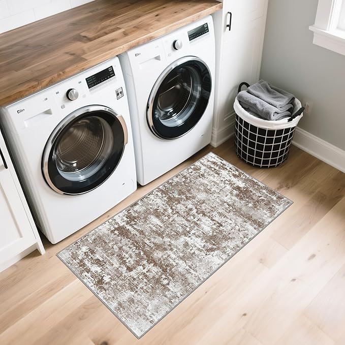 Runners for Hallways Ultra Non-Slip 2x4 Washable Kitchen Rug Abstract Tear and Stain Resistance No Pile Hand-Woven Style Lightweight Runners for Entryway, Laundry Room, Bedside, Brown