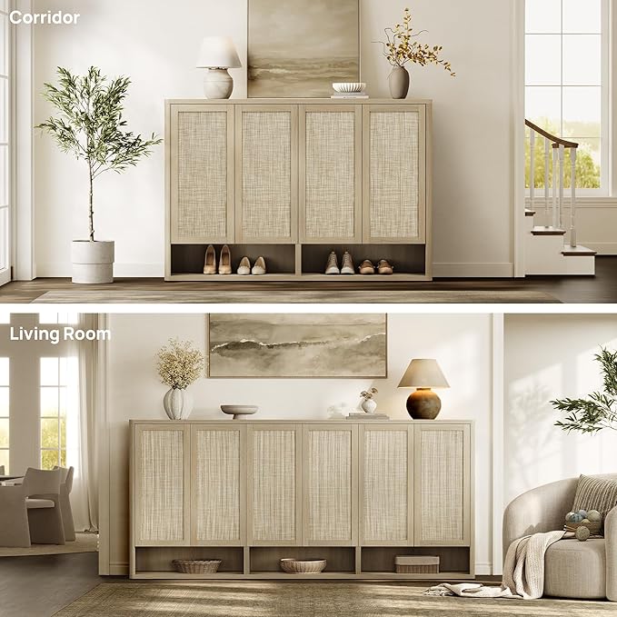 SICOTAS Rattan Shoe Storage Cabinet - Modular Shoe Cabinets with Door Tall Large Shoe Cabinet Storage for Entryway - 65.6" Wide Modular Cabinet for Hallway, Living Room
