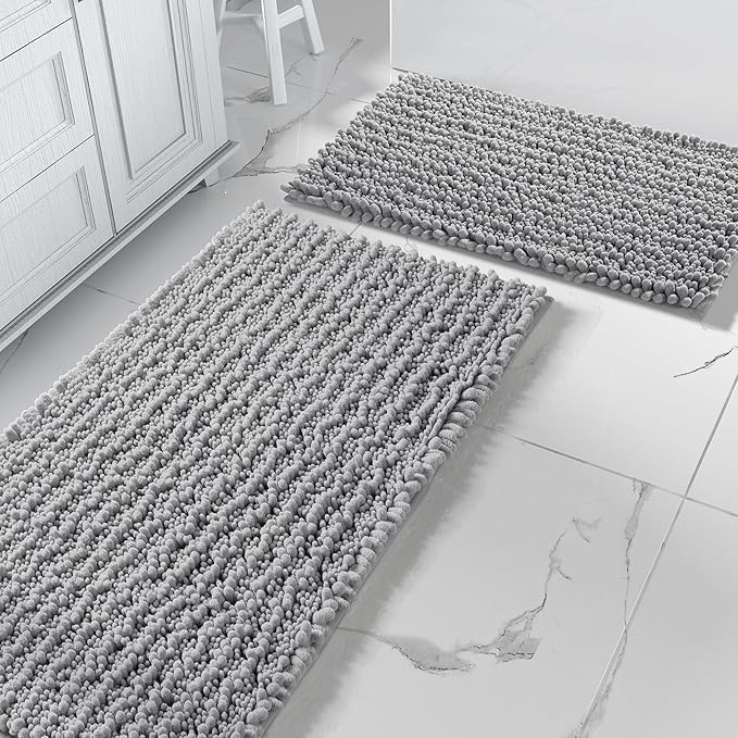 Yimobra Gray Bathroom Rugs Sets 2 Piece - Luxury Chenille Shaggy Bath Mat, Super Absorbent & Non Slip & Quick Dry, Soft Thick Bathroom Carpet for Tub Shower Floor, Machine Washable, 44x24+24x17 Inch