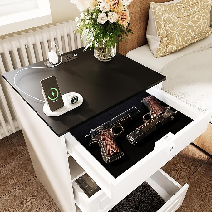 Night Stand Set 2 with Charging Station,Bedside Table with Gun Drawer,Farmhouse End Table and Nightstand,Small SideTable for Bedroom (White-with Gun Drawer, 2-Pcs)