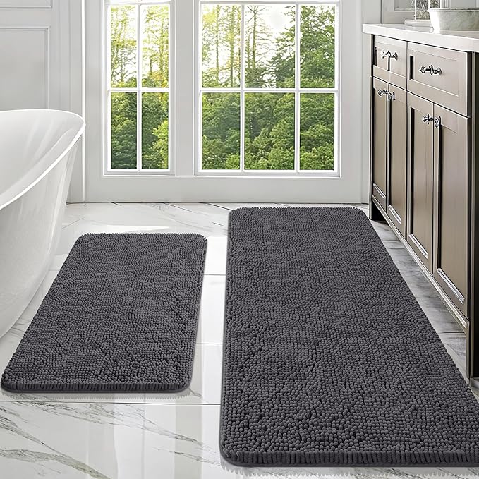 OLANLY Bathroom Rugs Sets 2 Piece, Soft Absorbent Chenille Bath Mats Area Rug Set, Non-Slip, Quick Dry, Machine Washable Bath Mats for Bathroom, Home Decor Accessories (47"x20"+30"x20", Dark Grey)