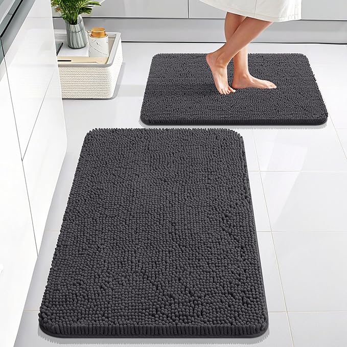 OLANLY Bathroom Rugs Sets 2 Piece, Soft Absorbent Chenille Bath Mats Area Rug Set, Non-Slip, Quick Dry, Machine Washable Bath Mats for Bathroom, Home Decor Accessories (30"x20"+24"x16", Dark Grey)
