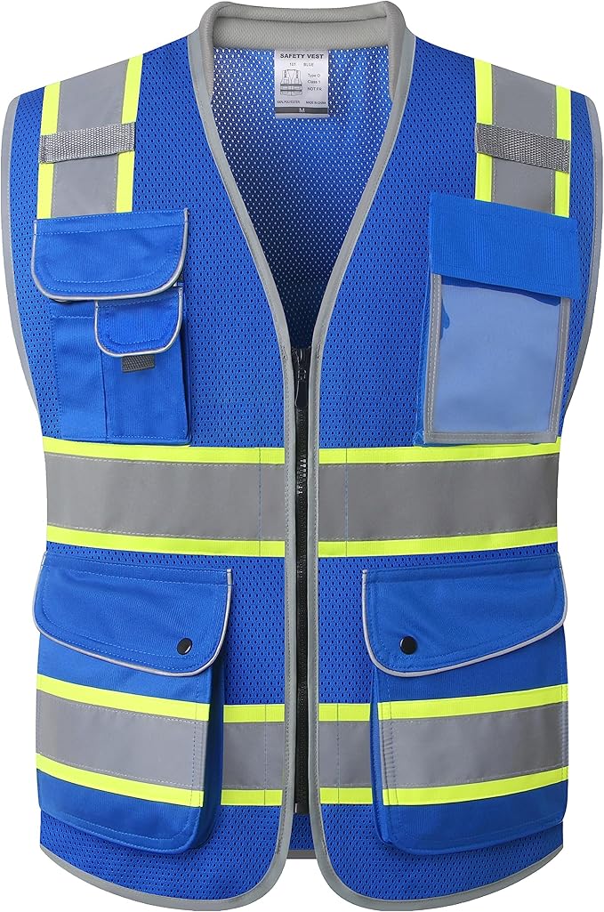 JKSafety 9 Pockets Hi-Vis Safety Vest Breathable Mesh Fabric Cushioned Collar Work Utility PPE Lightweight Industrial Work Gear ANSI/ISEA compliant (101-Blue 3XL)