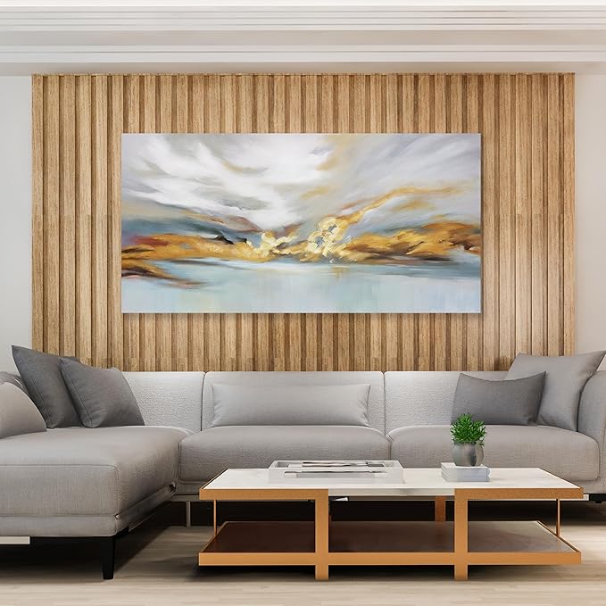 Glvzygy Modern Abstract Wall Art Wall Decorations Greyish White Gold and Blue Abstract Wall Art Canvas Abstract Wall Art for Living Room Bedroom Dining Room Home Office Decor 24"x48"