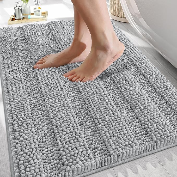 OLANLY Thick Bathroom Rugs 30x20, Extra Soft Absorbent Chenille Striped Bath Rugs, Rubber Backing, Machine Wash Dry, Bath Mats for Bathroom Floor, Tub and Shower, Home Decor Accessories, Light Grey