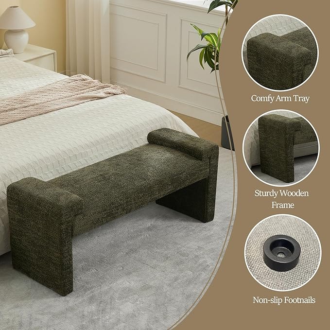 43" End of Bed Bench Upholstered Modern Bedroom Bench for Living Room & Entryway, Easy Assembly, Footrest Ottoman Accent Window Bench with Solid Wood Frame & Curved Arm, Green