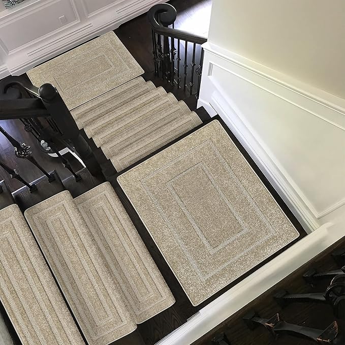 PURE ERA Bullnose Carpet Stair Treads Set Tape Free Non-Slip Indoor Stair Protectors Pet Friendly Rugs 9.5" x 30"(14 Pieces,Cream Gray Rectangular)