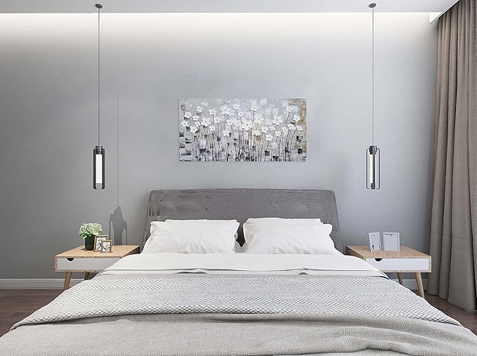 YHSKY ARTS Flower Picture Wall Decor with Heavy Textured Modern Grey and White 3D Paintings Contemporary Aesthetic Artwork for Living Room Bedroom Bathroom Decor