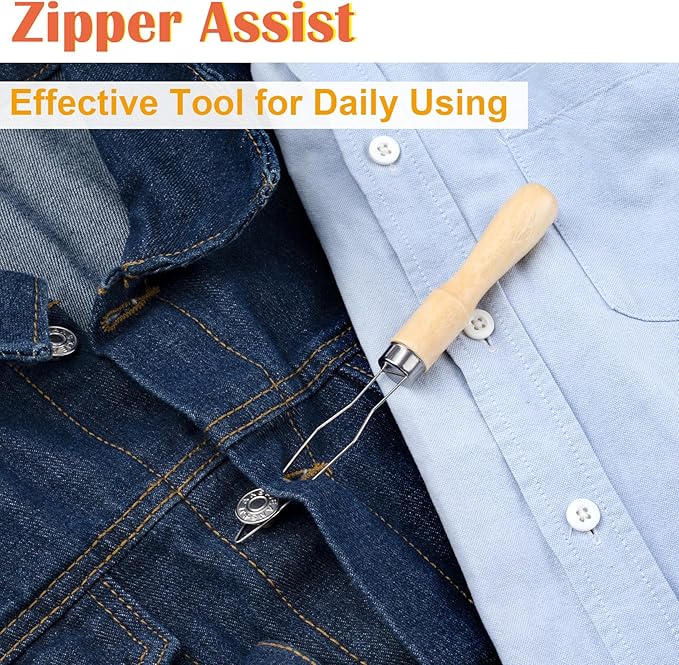 2 Packs Easy Button Hook, Steel Button Helper Tool for Elderly, Wide Wood Handle Buttons Fastener Device Assist Dressing Aid Tool for Seniors One Hand