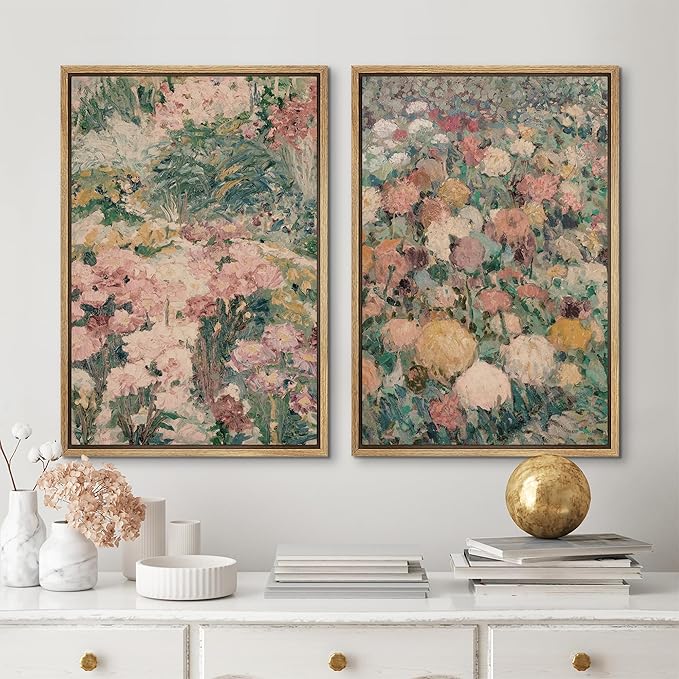 MUDECOR Framed Canvas Print Wall Art Impressionist Floral Garden Vintage Botanical Illustrations Modern Art Decorative Bohemian Colorful Chic for Living Room, Bedroom, Office - 16"x24"x2 Natural