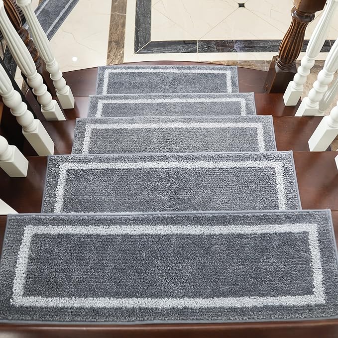 COSY HOMEER Soft Stair Treads 15pcs Non-Slip Carpet Mat 28inX9in Indoor Stair Runners for Wooden Steps,Stair Rugs for Kids and Dogs, 100% Polyester TPE Backing Grey,Square