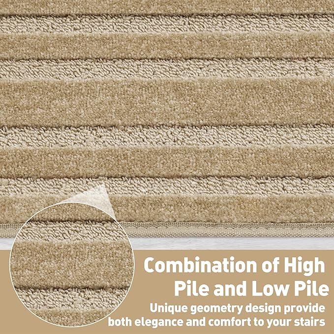 PURE ERA Bullnose Carpet Stair Treads Set Tape Free Non-Slip Indoor Stair Protectors Pet Friendly Rugs 9.5" x 30"(7 Pieces,Khaki Rectangular)