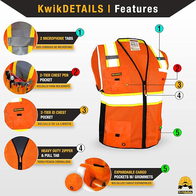 KwikSafety - Charlotte, NC - BIG KAHUNA Safety Vest [2 PACK] Class 2 ANSI OSHA Reflective Vest Durable High Visibility Vest Construction Safety Vest for Men Industrial Work Gear/Orange Small