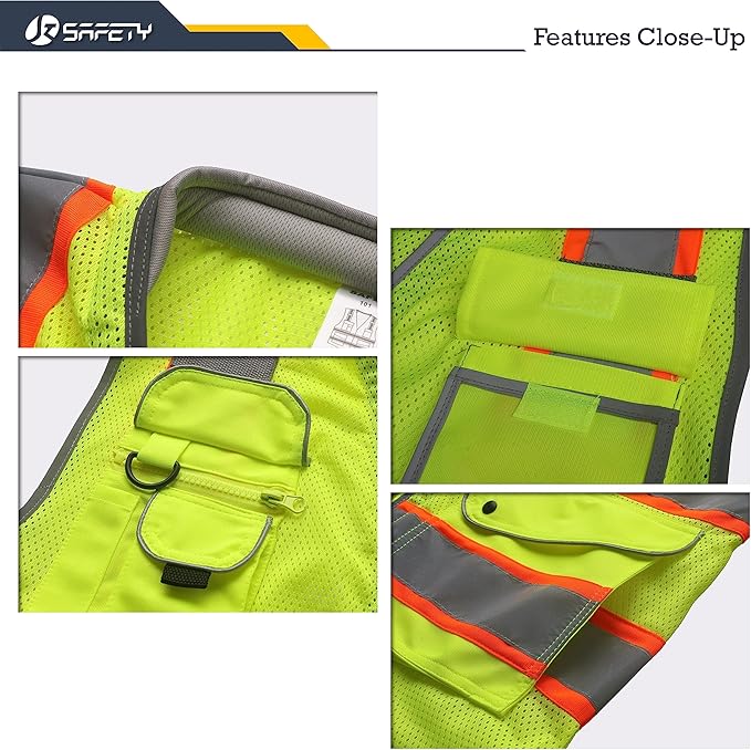 JKSafety 9 Pockets Hi-Vis Safety Vest Breathable Mesh Fabric Cushioned Collar Work Utility PPE Lightweight Industrial Work Gear ANSI/ISEA compliant (101-Yellow XL)