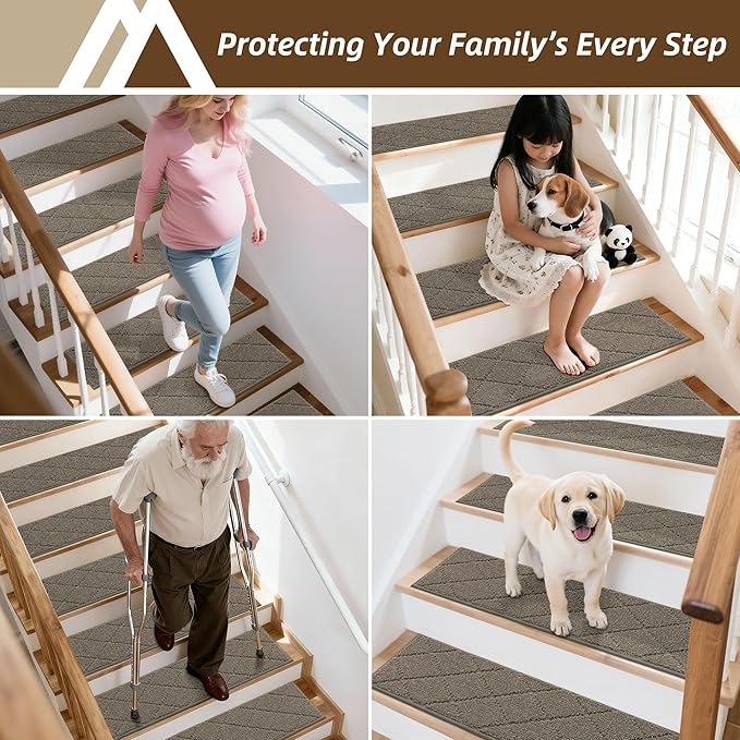 COSY HOMEER Stair Treads for Wooden Steps 9"x28" Washable Indoor Carpet Stair Treads Non Slip Soft Polyester Stair Carpet Tread Reusable Stair Runner Rugs for Kids, Elders,Pets,Light Brown,4pcs