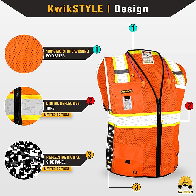 KwikSafety - BIG KAHUNA DIGITAL Safety Vest [LIMITED EDITION] Class 2 ANSI OSHA Reflective Vest Durable High Visibility Vest Construction Safety Vest for Men Industrial Work Gear/Orange XL