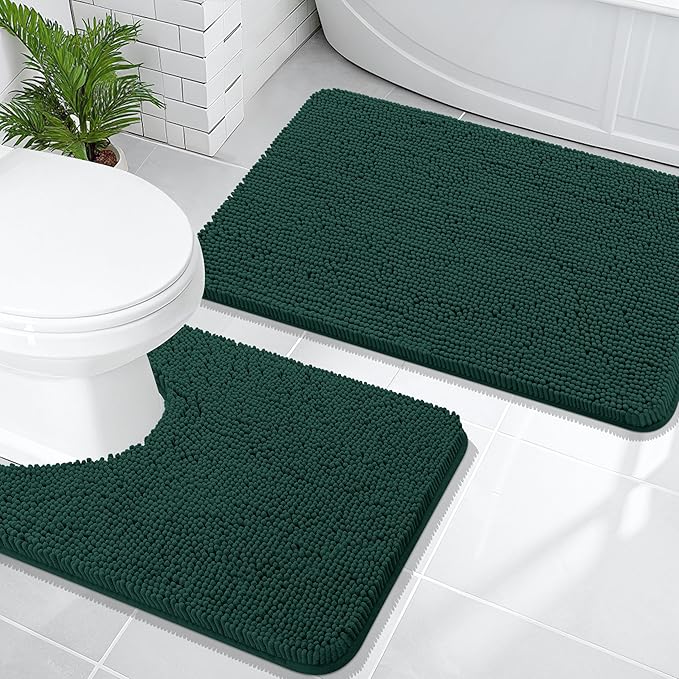 OLANLY Bathroom Rugs Sets 2 Piece, Soft Absorbent Chenille Bath Mats and U-Shaped Contour Toilet Mat Rug Set, Machine Washable Bath Carpet, Home Decor Accessories(30"x20"+24"x20", Blackish Green)