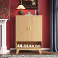 4-Tier Fluted Shoe Cabinet with 2 Doors & Open Shelf, Mid Century Modern Shoe Storage Organizer with Adjustable Shelves, Metal Handles & Wood Legs, Hidden Shoe Rack for Entryway, Hallway