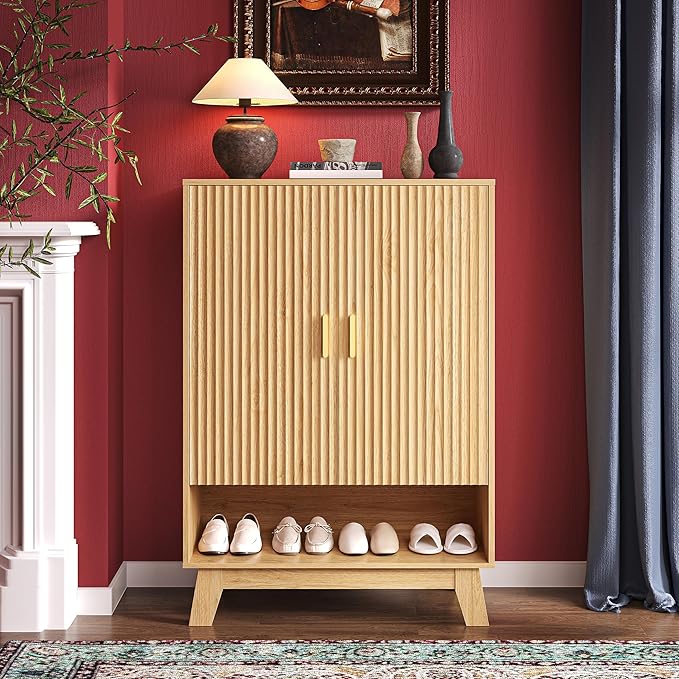 4-Tier Fluted Shoe Cabinet with 2 Doors & Open Shelf, Mid Century Modern Shoe Storage Organizer with Adjustable Shelves, Metal Handles & Wood Legs, Hidden Shoe Rack for Entryway, Hallway