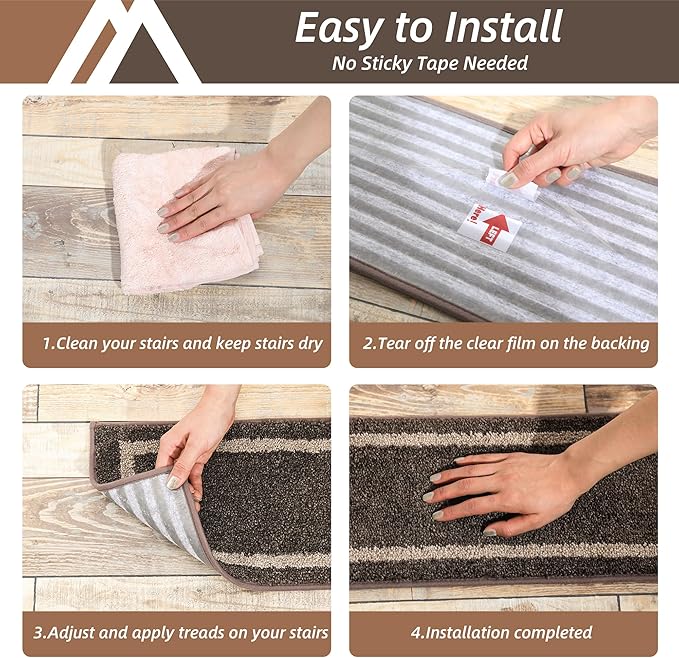 COSY HOMEER Soft Stair Treads 15pcs Non-Slip Carpet Mat 28inX9in Indoor Stair Runners for Wooden Steps,Stair Rugs for Kids and Dogs, 100% Polyester TPE Backing Brown,Square