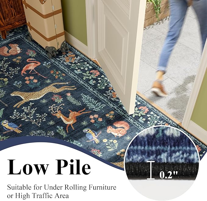 DUKINO 6ft Round Rug for Bedroom, Animal Print Washable Circle Rug with Low Pile Design, Soft Indoor Floor Non Slip Carpet for Entryway, Living Room, Office, Dining Room, Navy Blue