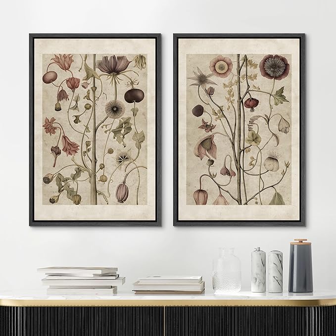 MUDECOR Framed Canvas Print Wall Art Wildflower Floral Botanical Nature Illustration Modern Art Decorative Multicolor Geometric Minimal for Bedroom - 24"x36"x2 Black