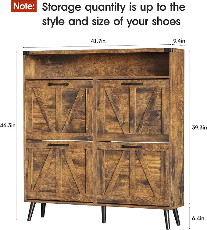 Shoe Cabinet with 4 Flip Drawers,Farmhouse Shoe Storage Cabinet for Entryway,Narrow Freestanding Organizer Rack with Open Shelves for Foyer,Hallway,Brown