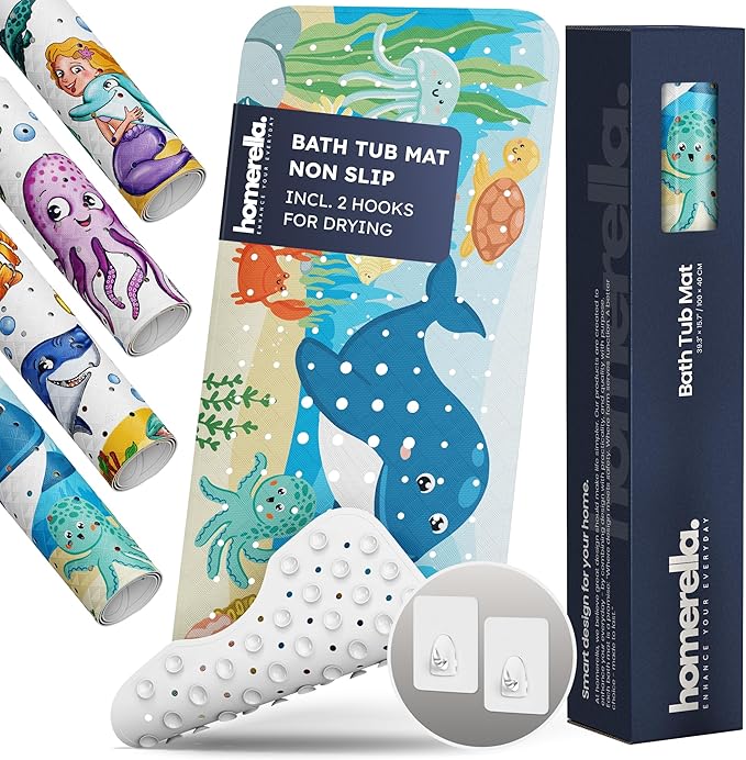 Bath Tub Mat Non Slip Anti Mold for Kids BPA Free INCL Hooks - homerella® Ocean Sea Animals 40x16, Baby Bath Mat Non Slip 200 Suction Cups, Non Toxic Machine Washable Toddler Bath Mat, EU Certified