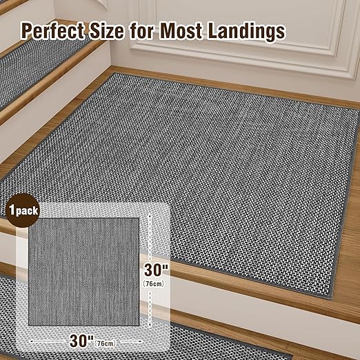 Deerly Comfortable Stair Landing Carpet Non Slip Breathable Linen Rug for Wooden Steps Peel and Stick Landing Mat Covers Indoor Absorbent with Self-Adhesive Backing 30"X30" Black White