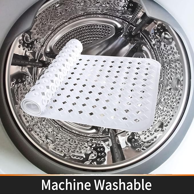 Yimobra Bathtub Mat Non Slip, Super Strong Suction Cups, 27.5"x15.5" Long Shower Mat with Drain Holes, Machine Washable Fast Draining Bath Mats, Bathroom Essentials,White