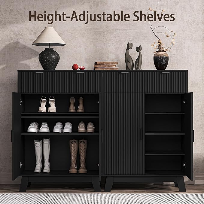 Fluted Shoe Cabinet, 4-Tier Mid Century Modern Narrow Shoe Storage Cabinet with Doors & 2 Drawers, Adjustable Shelves, Freestanding Hidden Shoe Rack Organizer & Wooden Legs for Entryway