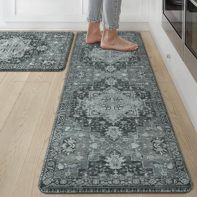 GENIMO Kitchen Mats for Floor 2PCs, Washable Anti Fatigue Mat for Cushioned, 17.3"x59"+17.3"x30", Waterproof Kitchen Rugs, Non Slip Comfort Standing Mat Rug for Home, Sink, Laundry, Dark Gray