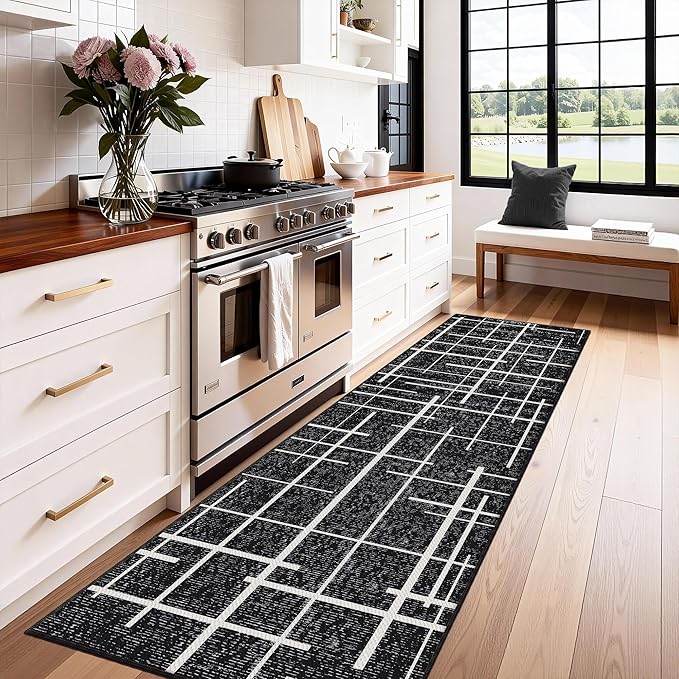 Modern Kitchen Runner Rug Non Slip 2.6x8, Washable Distressed Stripe, Hallway Runner, Woven Thin Low Pile Carpet Runners for Hallway 8ft Entryway, Kitchen, Walkway- Midnight Black