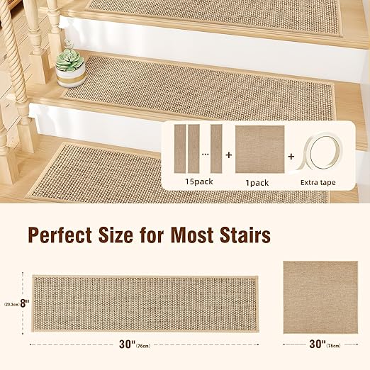 Deerly 15pcs Stairs Treads and 1 Landing Carpet, Breathable Linen Stair Carpet Non Slip for Wooden Steps Peel and Stick Stairs Runner Indoor Self-Adhesive Treads Stair Covers Mat 8"X30" and 30"X30"