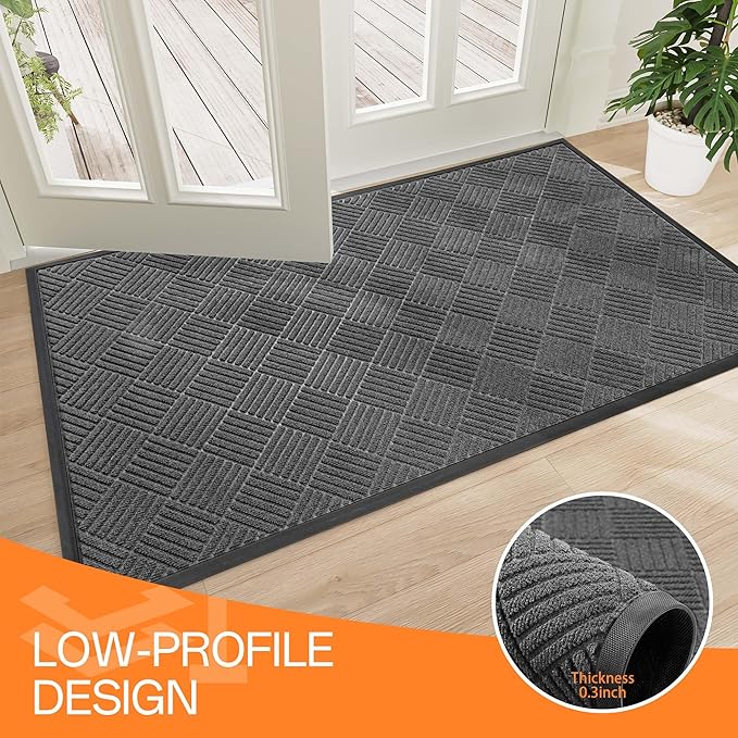 Indoor Outdoor Door Mat, 5’x 4' Doormat for Entryway, Rubber Backing Non Slip Front Door Mat Outside Entrance, Super Absorbent Commercial Floor Mat for Home Office, Gray