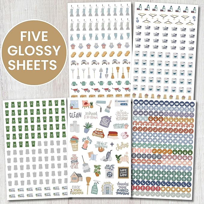 bloom daily planners Household Chores Planner Stickers -Essential Variety Pack for Home Productivity - to-Dos, Errands, Tasks - 8 Sheets / 736 Stickers - Icons & Quotes