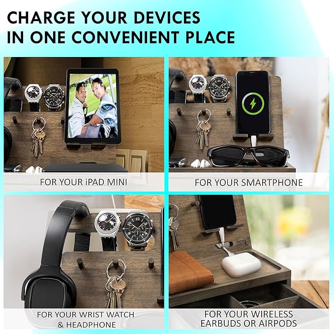 Nightstand Organizer for Men- Bedside Table Organizer with Drawer for Cellphone, Watches, Sunglasses & Accessories- Makes an Ideal Gift for Dad, Grandpa or Golfer