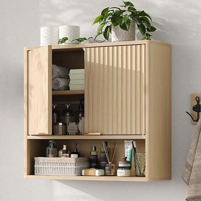 Furnideco Bathroom Medicine Cabinet with Fluted Doors, 3-Tier Modern Wall Cabinet Over Toilet, Small Hanging Storage Cabinet for Bathroom, Natural